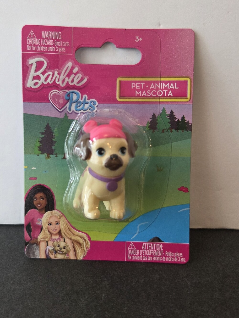 Barbie Pets Pug Dog Mini Figure Pink Hat Purple Collar Toy